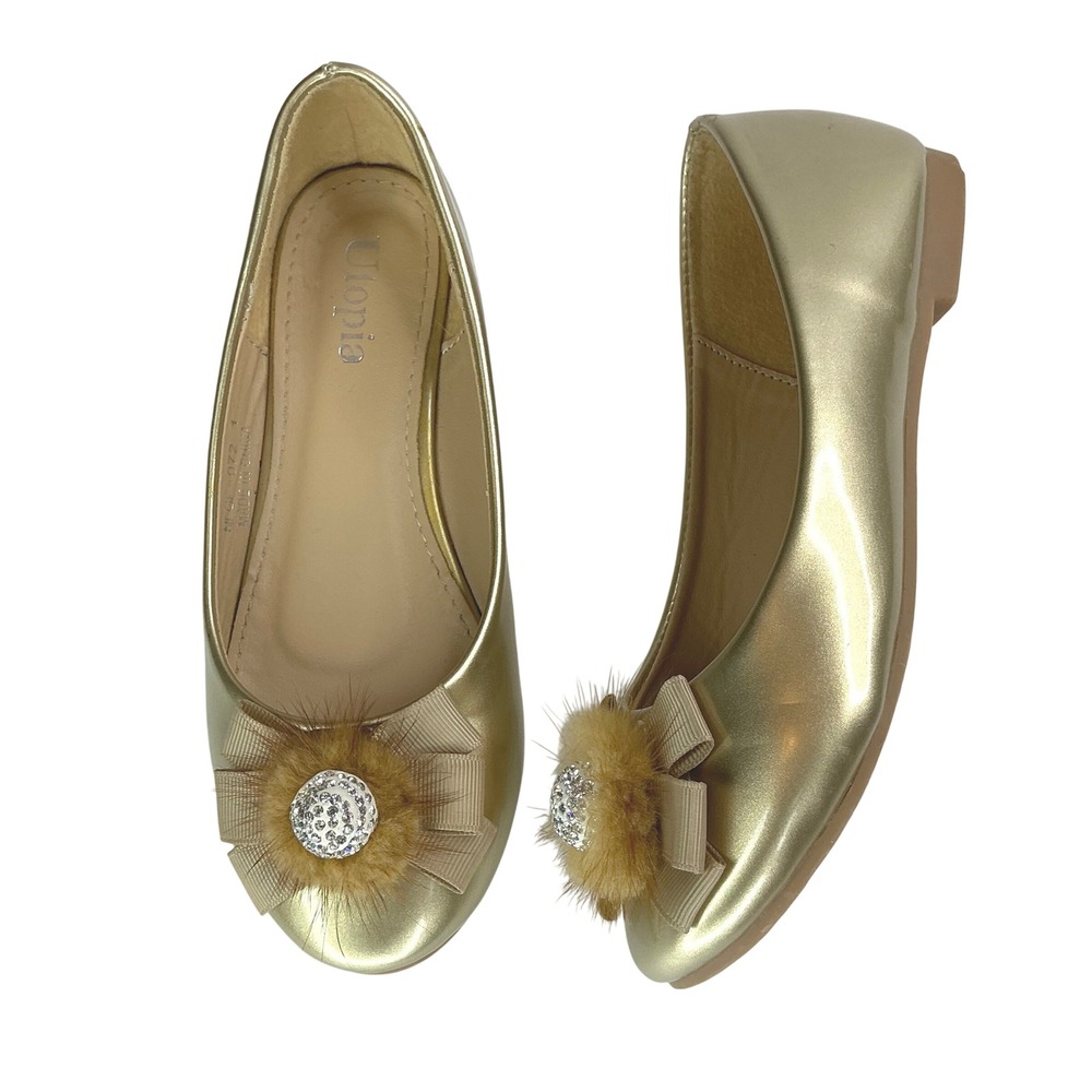 Utopia Gold Ballet Flats Kids Size 1 Metallic Bow Rhinestone NFGF-072